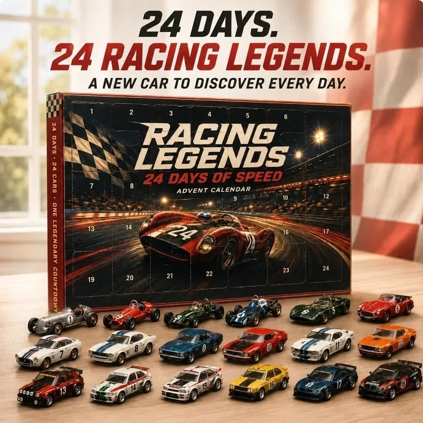 Dark racing-themed box with numbered doors, with 18 miniature racing cars lined up in front 12