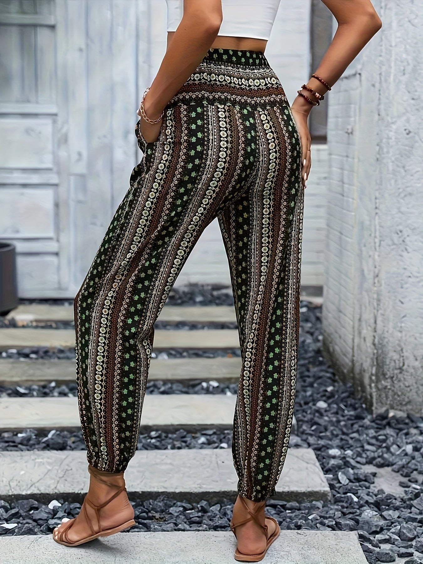 Boho High-Waist Women's Trousers with Print & Smocked Waistband – Linara