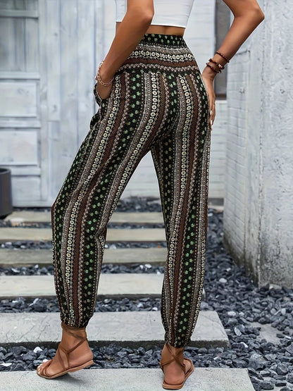 Boho High-Waist Women's Trousers with Print & Smocked Waistband – Linara
