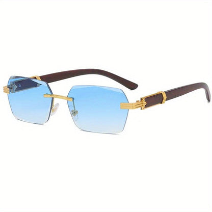 Rimless sunglasses with rectangular lenses and faux-wood temples – Verro