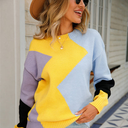Patchwork Women's Sweater with Round Neck – Clara