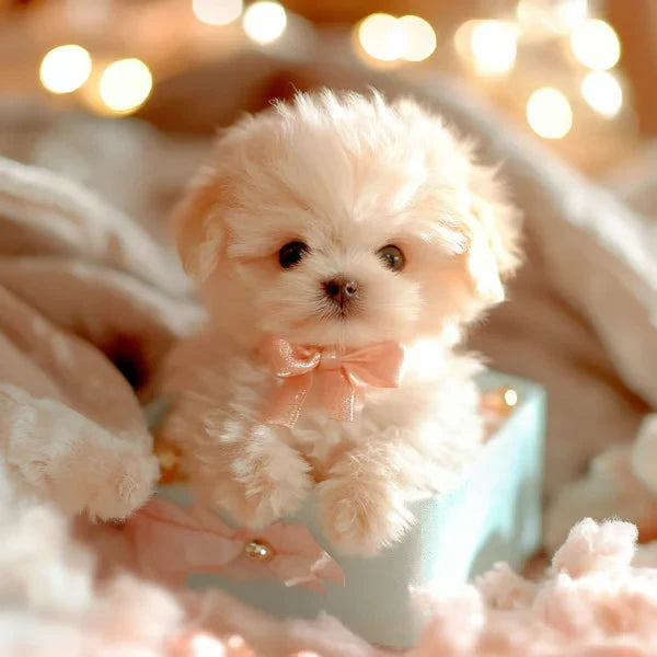 Cream plush puppy wearing a pink satin bow, sitting in a pale blue box with soft blankets and glowing lights. 5