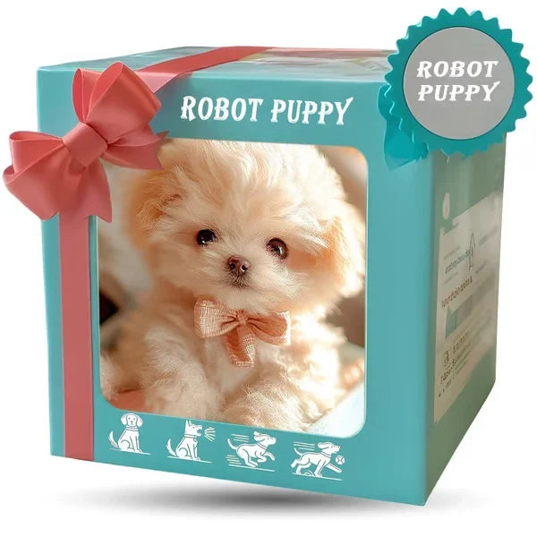 Turquoise gift-style box with a coral ribbon bow and clear window showing a cream puppy in a bow tie, with action icons. 8