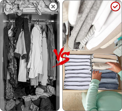 Before-and-after comparison: a crowded wardrobe in black and white beside tidy folded clothes sorted into compartments in a drawer. 2