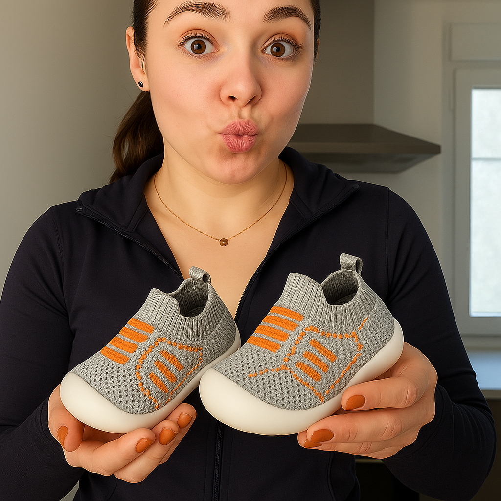 Woman holds a pair of grey knit slip-on baby shoes with orange stripes and white soles up to the camera. 2
