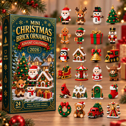 Tall calendar box beside a grid of all 24 finished brick ornaments, including train, carousel, sleigh, Mrs Claus, nutcracker and Ferris wheel. 6
