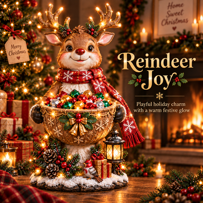 Smiling reindeer figure with lit antlers and snowflake scarf holding a bowl of sweets, lantern beside it 4