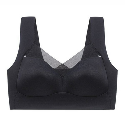 Single black seamless bra shown flat from the front, with smooth cups, wide straps and a sheer mesh panel at the neckline. 12