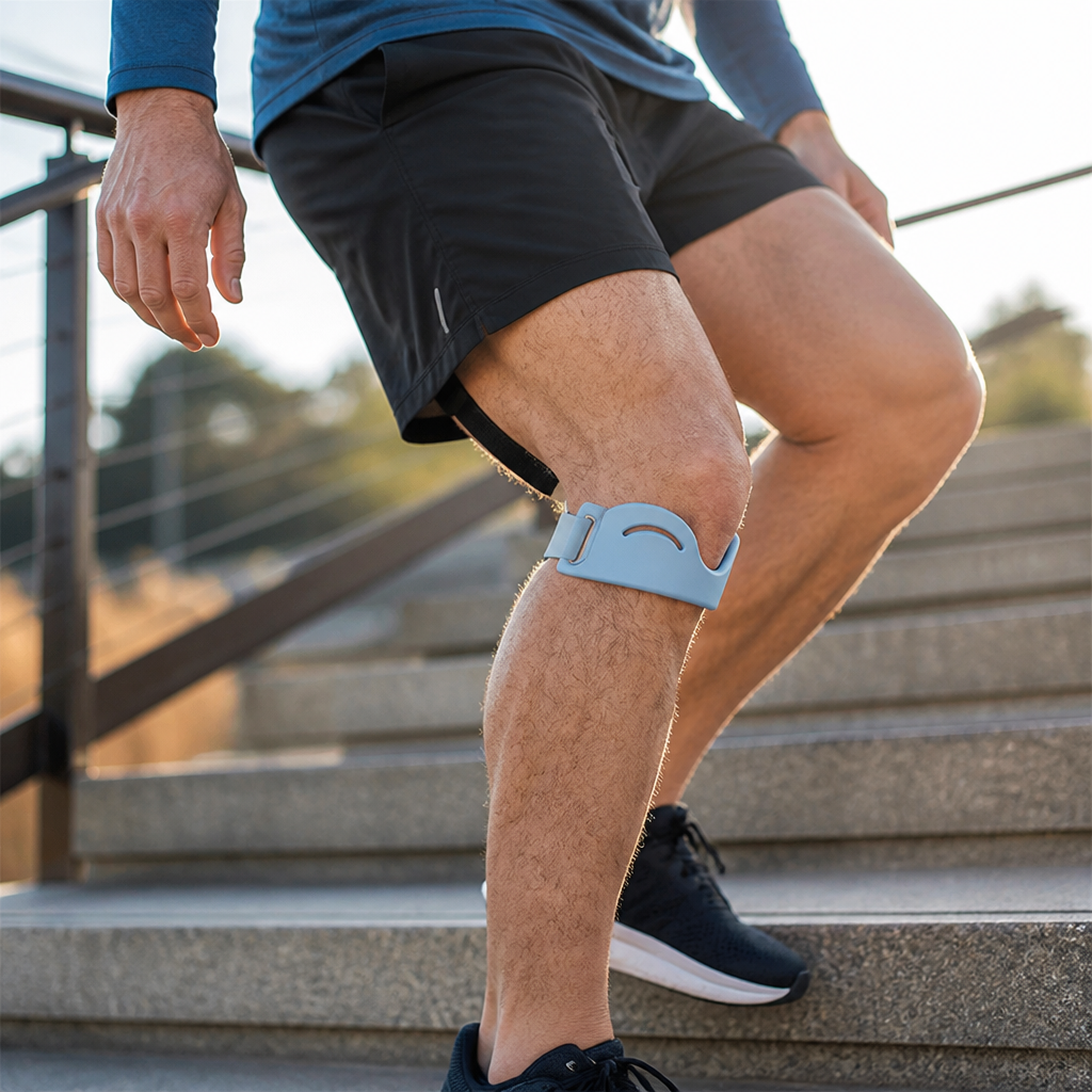 Man in black shorts climbing outdoor steps with a light blue strap fastened below his kneecap, seen from the front. 4