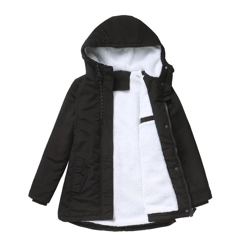 Black parka laid flat and open, showing the white fleece lining and hood 4