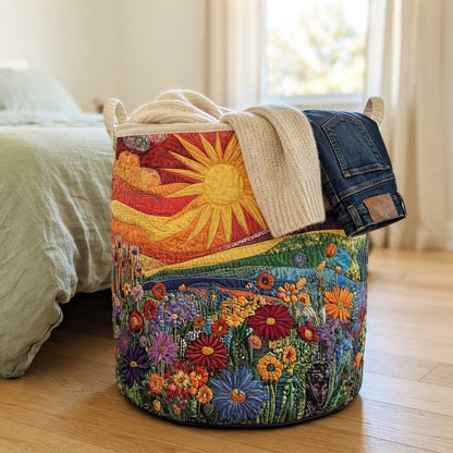 Basket standing on a wooden bedroom floor beside a bed, with a cream knitted jumper and jeans draped over the rim. 4