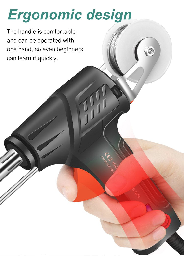 Hand gripping the tool's handle, with red highlights showing the comfortable one-handed hold and a wire reel on top 6
