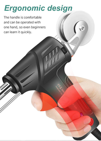 Hand gripping the tool's handle, with red highlights showing the comfortable one-handed hold and a wire reel on top 6