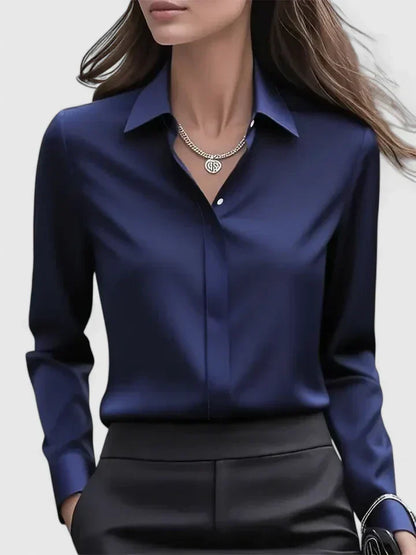 Women's Satin Long Sleeve Blouse - Polished Office Shirt 1