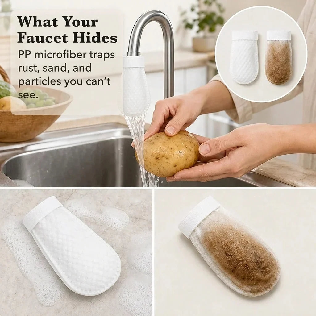 Collage showing a cover on a tap while a potato is rinsed, with clean and dirt-filled covers shown side by side. 4