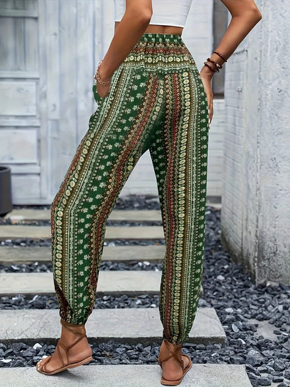 Boho High-Waist Women's Trousers with Print & Smocked Waistband – Linara
