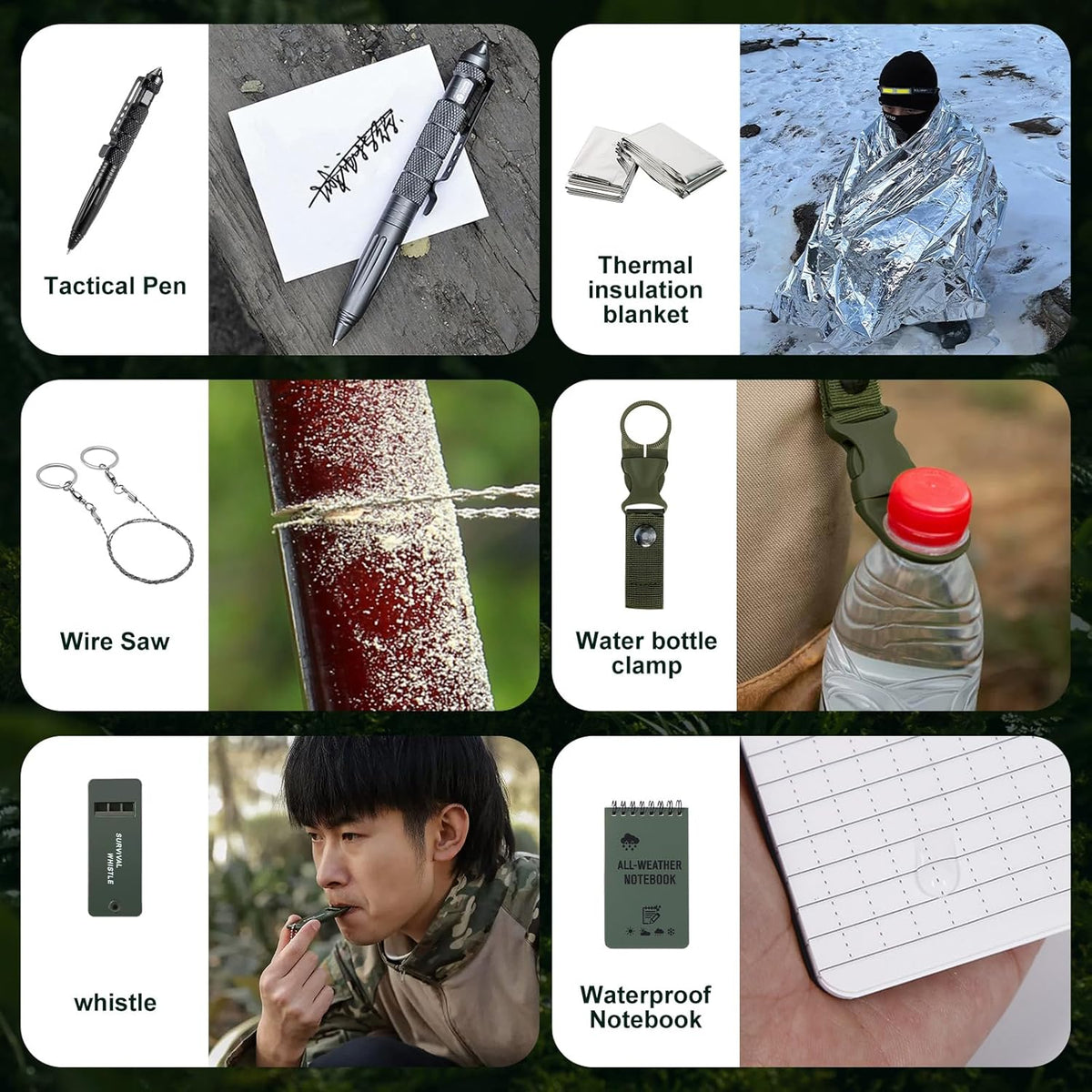 Six-panel collage showing the tactical pen, thermal blanket, wire saw, bottle clamp, whistle and notebook in use 3