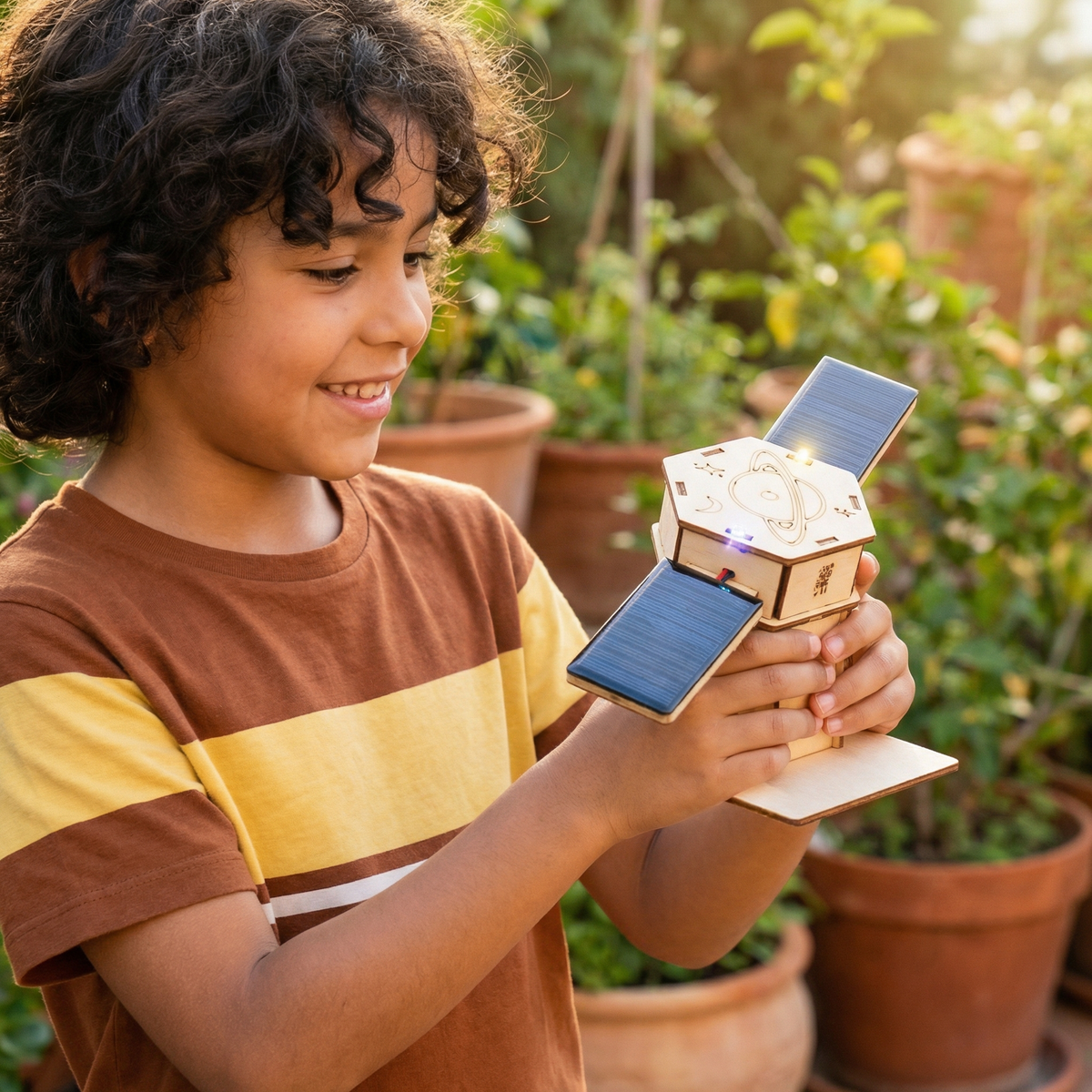 Smiling boy holds a wooden satellite model with two solar panels and small glowing lights in a sunny garden. 4