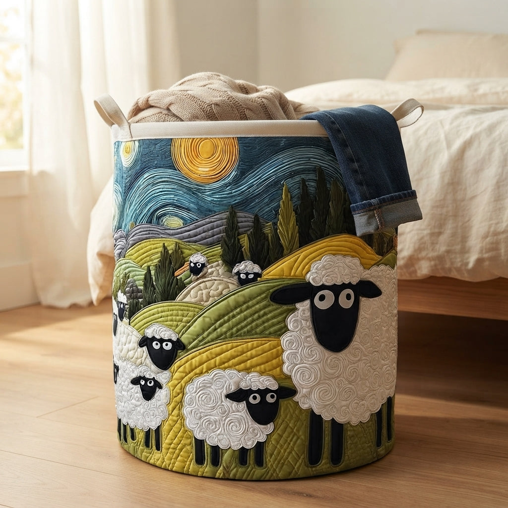 Basket on a wooden floor beside a bed, with a knitted throw and a pair of jeans draped over the rim. 5