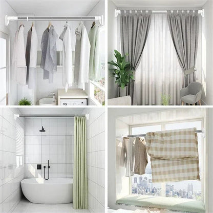 Four-panel collage showing the rod holding clothes in a wardrobe, grey curtains, a green shower curtain and drying bedding. 2