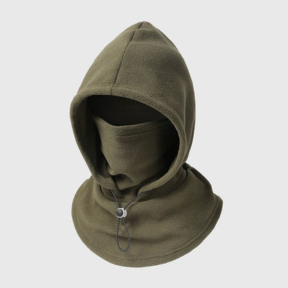 Olive green fleece hood with face cover and a drawstring toggle at the front 8