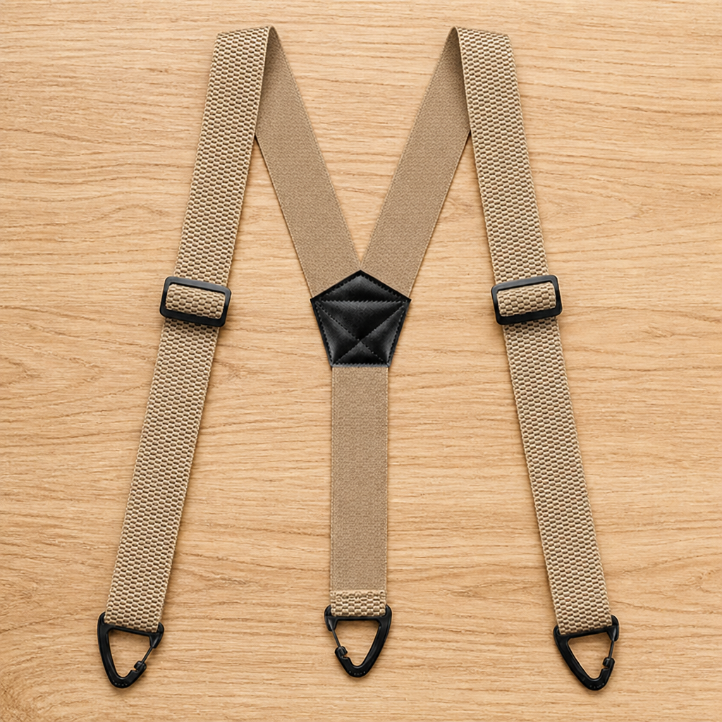Beige Y-back suspenders laid flat on a wooden surface, with black adjusters, triangular clips and a black centre patch. 15