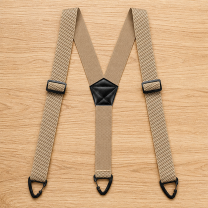 Beige Y-back suspenders laid flat on a wooden surface, with black adjusters, triangular clips and a black centre patch. 15