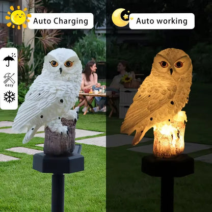 Side-by-side of the white owl light by day on a lawn and glowing warmly at night, with people at a table behind. 2