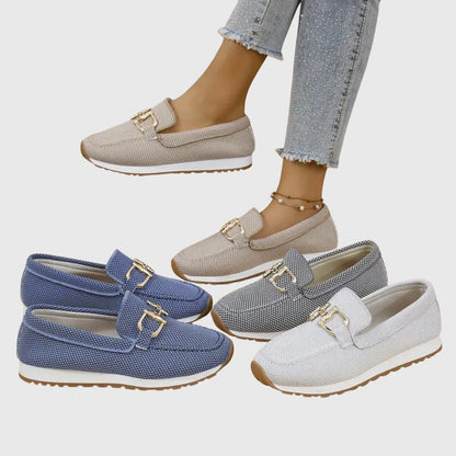 Four colour options of the mesh loafers, beige, blue, grey and light grey, shown together 10