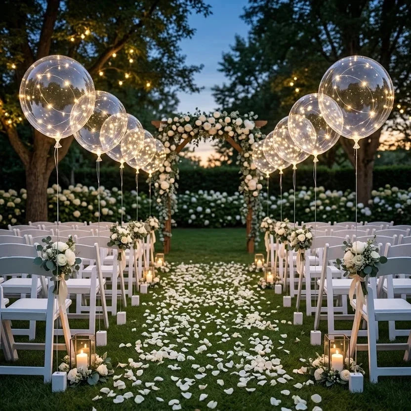 Illuminated balloons flanking a petal-strewn aisle and floral arch at an evening outdoor wedding 6