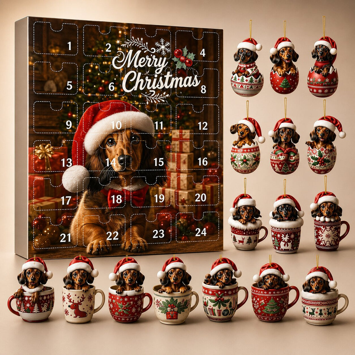 Numbered advent calendar box with a dachshund in a Santa hat, surrounded by the 24 hanging dachshund ornaments in cups and baubles. 1