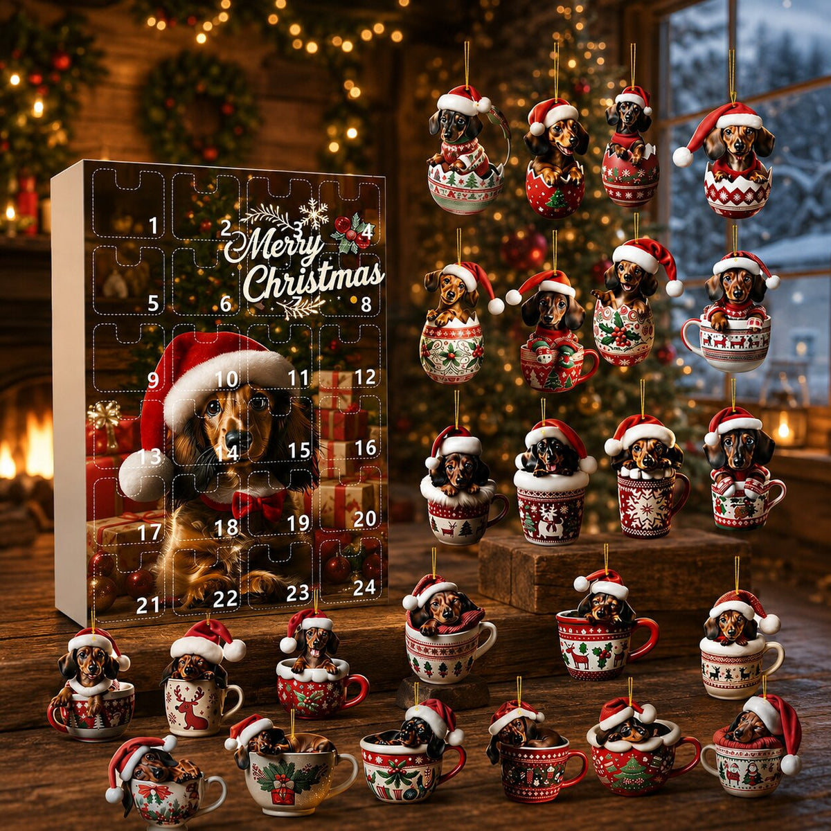 Advent calendar box beside all 24 dachshund ornaments in cups and baubles, displayed on rustic wood by a fireplace and window. 7