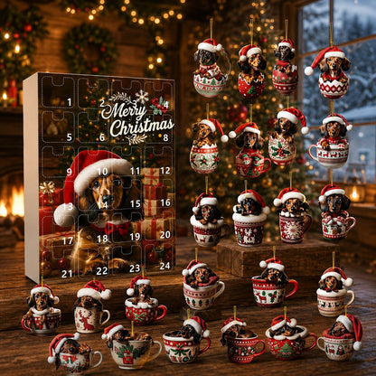 Advent calendar box beside all 24 dachshund ornaments in cups and baubles, displayed on rustic wood by a fireplace and window. 7