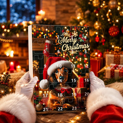 Gloved hands in Santa sleeves hold the advent calendar, its numbered doors framing a dachshund in a Santa hat, before a glowing tree. 5