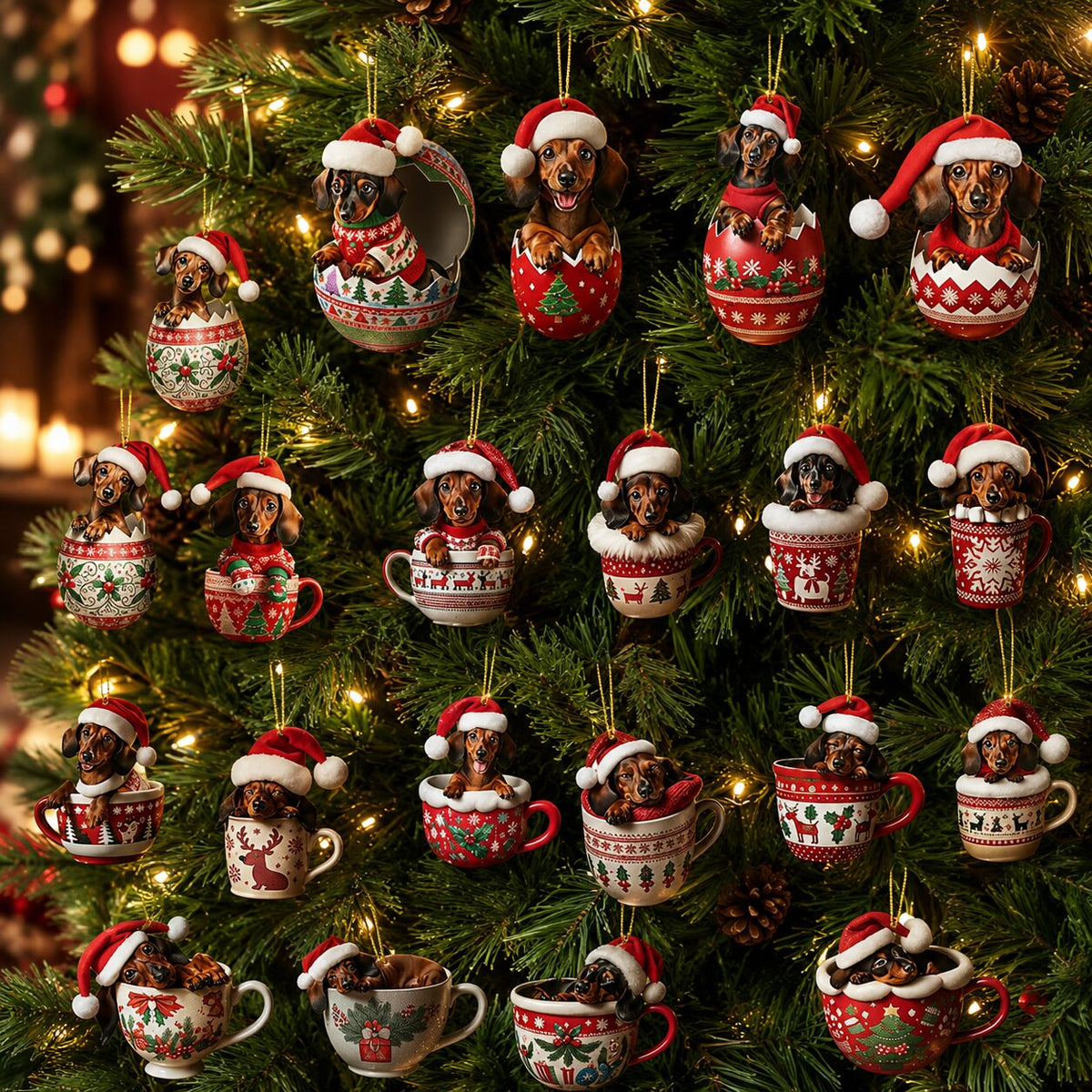 Dozens of dachshund ornaments in Santa hats, sitting in festive cups and cracked egg-shaped baubles, hang among fir branches and fairy lights. 6