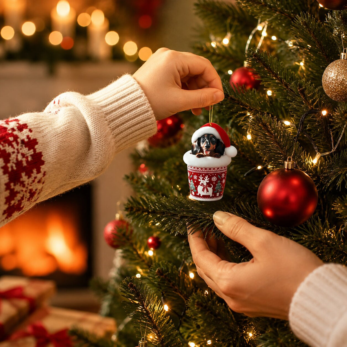 Close-up of hands hanging a black-and-tan dachshund ornament in a red patterned cup on a fir branch beside red baubles. 4