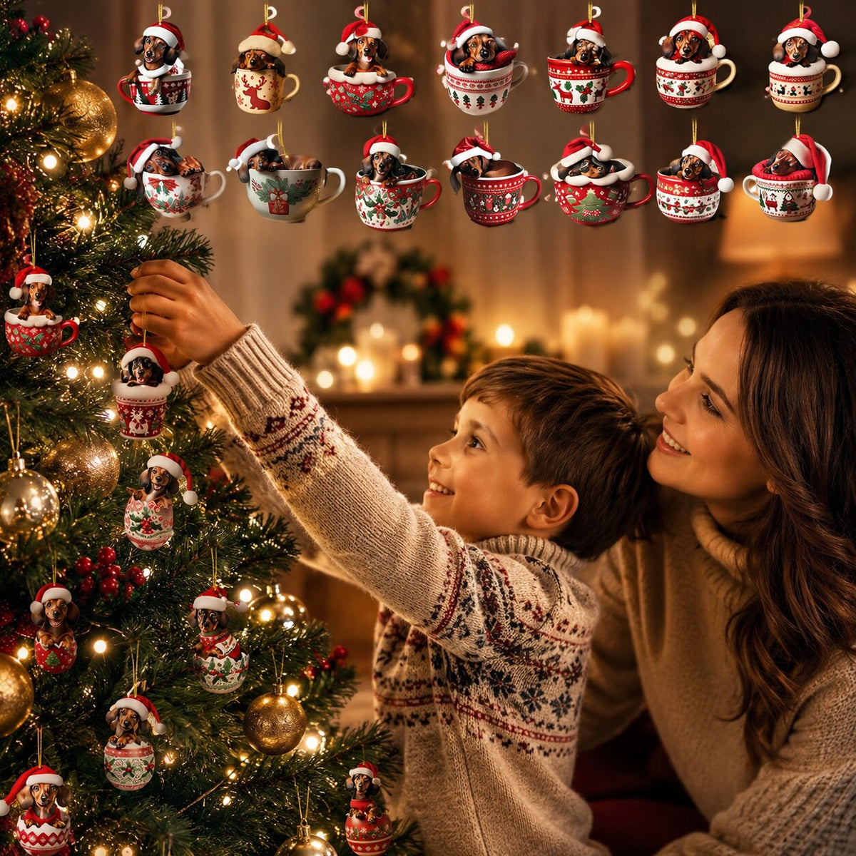 Boy hanging a dachshund-in-a-cup ornament on a lit Christmas tree while a smiling woman watches, with two rows of ornaments above. 2