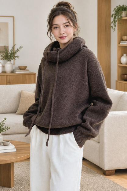 Smiling model in a dark brown knit jumper with drawstring roll neck, styled in a bright living room 1