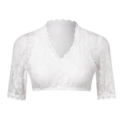 Front flat view of the white lace crop top with scalloped V-neckline, short floral lace sleeves and gathered hem. 3