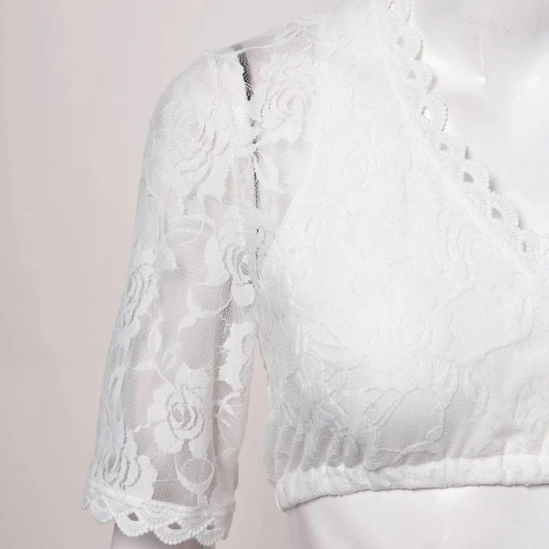 Close-up on a mannequin of the rose lace sleeve, scalloped trim at the neckline and cuff, and the hem band. 4