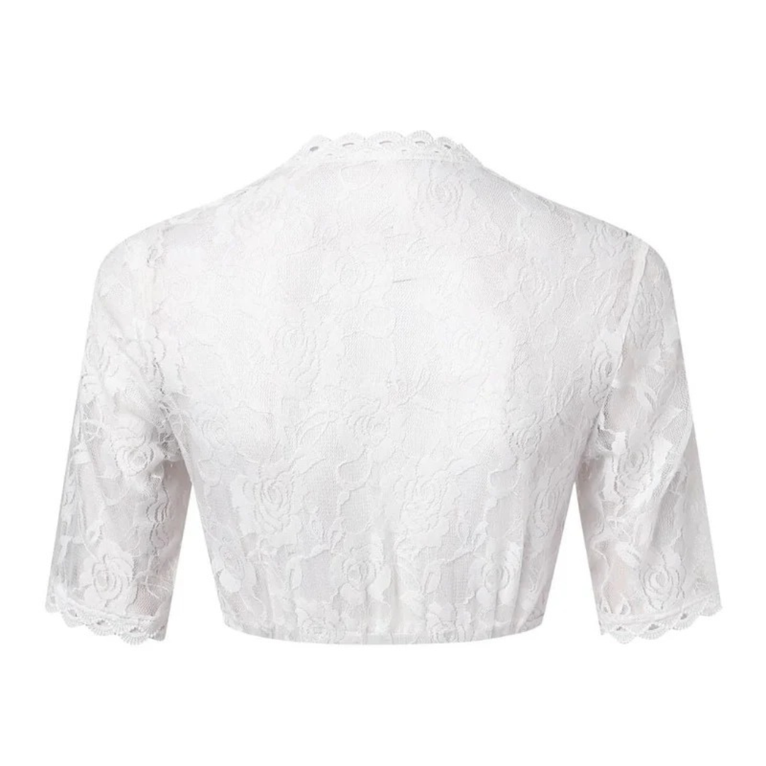 Back flat view of the white crop top, showing the sheer rose-patterned lace, scalloped neckline edge and gathered hem. 5