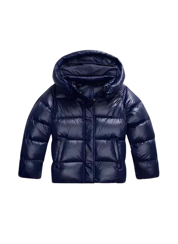 Front view of the glossy navy blue version, showing hood, zip placket and side pockets 2