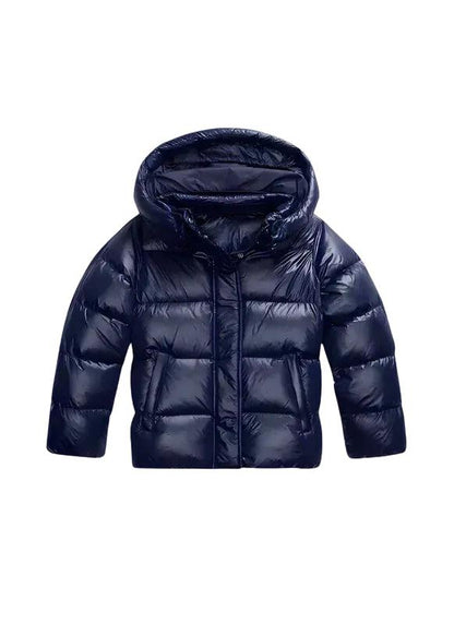 Front view of the glossy navy blue version, showing hood, zip placket and side pockets 2