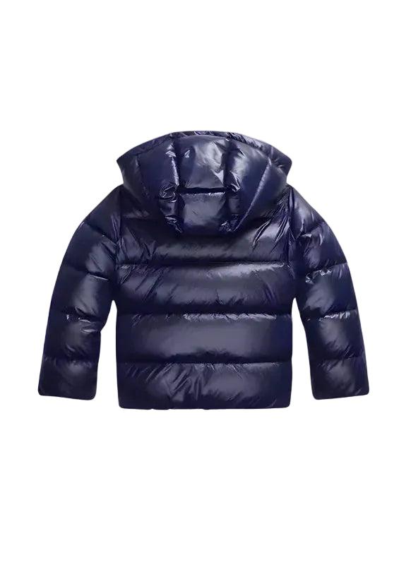 Back view of the glossy navy blue puffer jacket, showing horizontal quilting and the hood 3