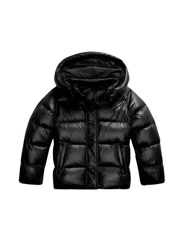 Front view of a glossy black hooded puffer jacket with horizontal quilting and zip front 1