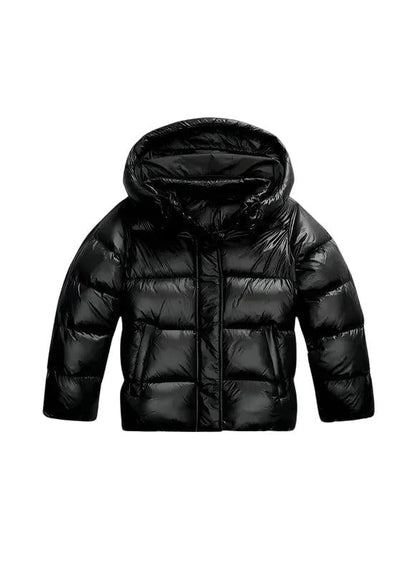 Front view of a glossy black hooded puffer jacket with horizontal quilting and zip front 1