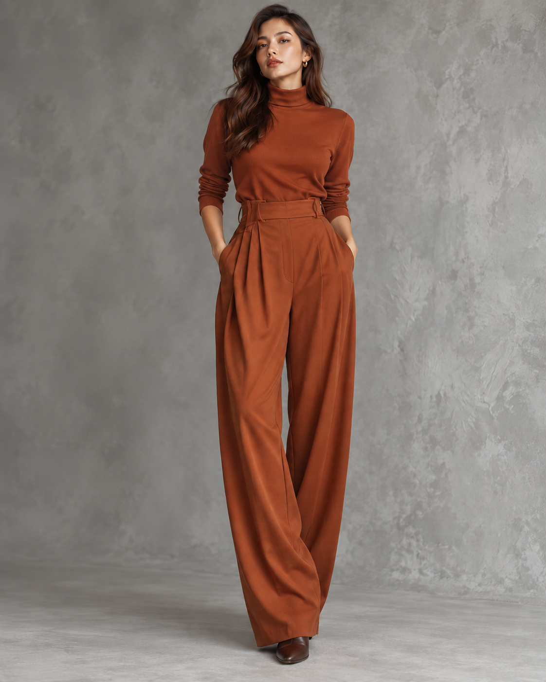 Model in the rust orange set without a belt, with pleated high-waisted wide trousers and a fitted top 8