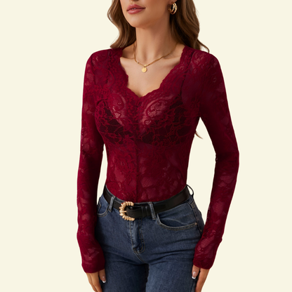 Women's Long Sleeve Lace Blouse with V-Neck and Wavy Trim 4