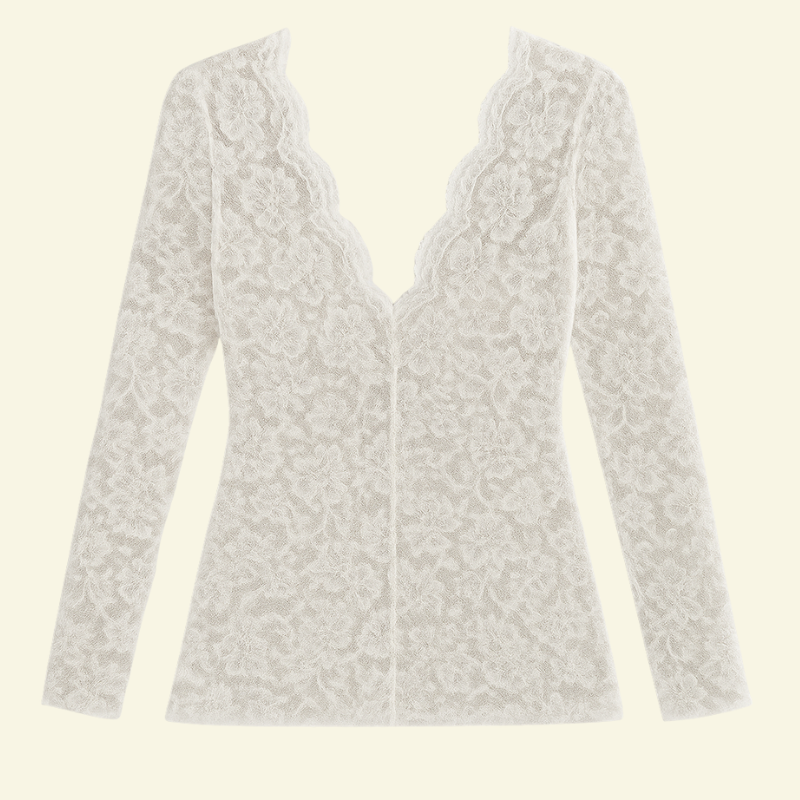 Women's Long Sleeve Lace Blouse with V-Neck and Wavy Trim 5