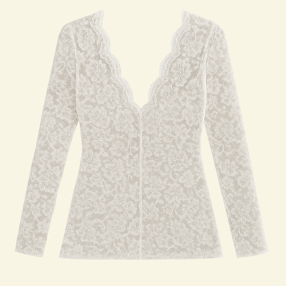 Women's Long Sleeve Lace Blouse with V-Neck and Wavy Trim 5
